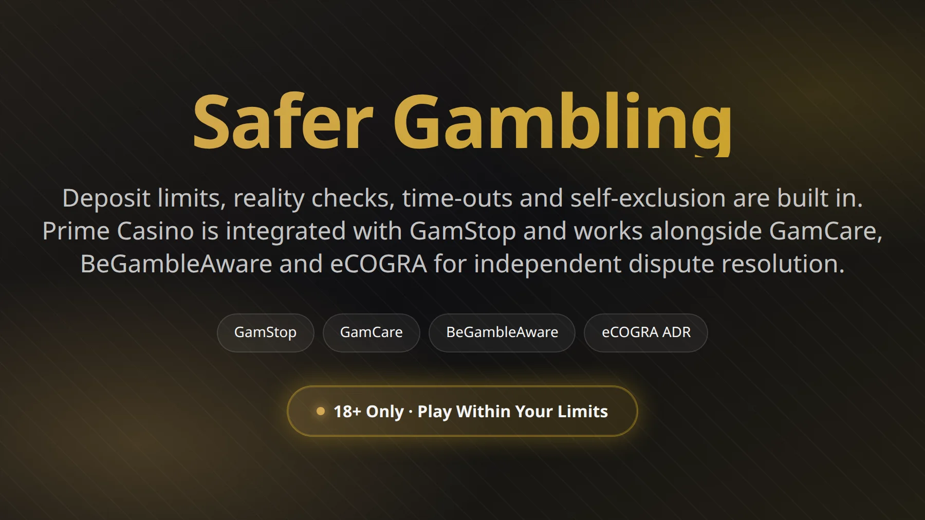 Responsible gambling tools at Prime Casino - deposit limits, self-exclusion and player protection